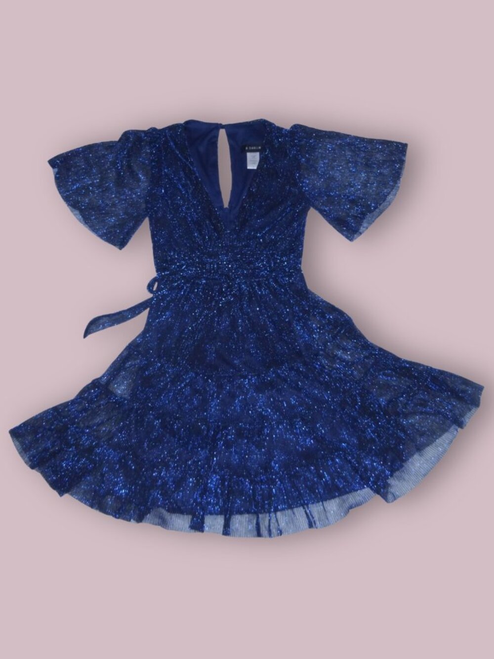 B. Darlin Tiered Shimmer Mesh Tulle Flutter Sleeve Tie Mini Dress Size 0/XS
